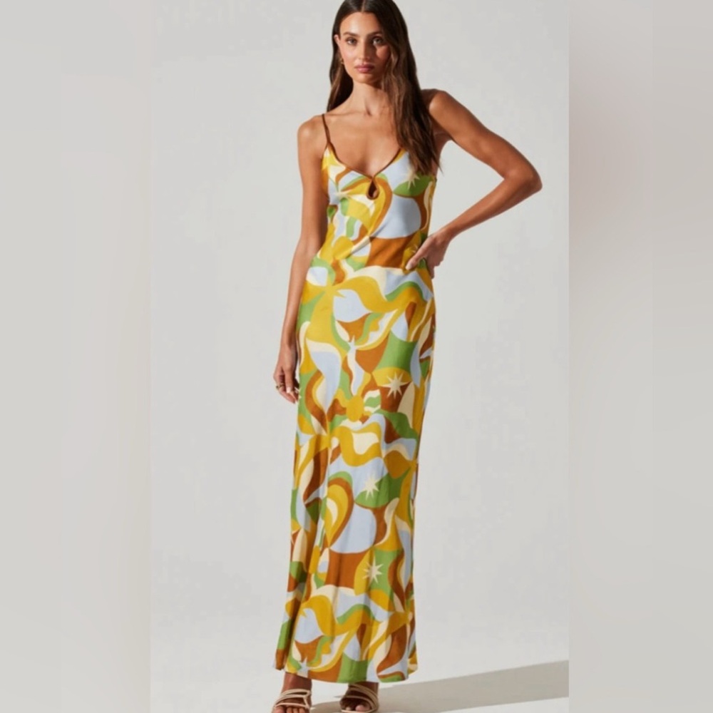 Astr Printed Maxi Slip Dress in Yellow, Green, White, Brown-Groovy ✨✨